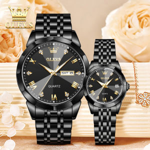 OLEVS jam tangan couple terbaru 2025 anti air bercahaya kalender berlian dial tali jam baja tahan karat mode elegan jam tangan pasangan