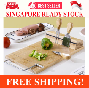 SLICING BAMBOO CHEESE BOARD PLATTER WITH 3 STAINLESS STEEL KNIVES AND MAGNET HOLDER MODERN WOOD SNACK SERVING TRAY SLICER BLADE FOR CUTTING CHEESE BREAD FOOD FRUITS MEAT