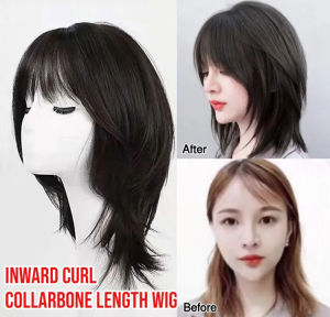 Womens Mid-Length Wigs Inward Curl Collarbone Length Wig Air Bangs Natural Full-Head Wigs