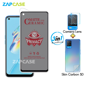 Paket 3in1 Anti Gores Layar Privasi Oppo A54 4G Free Tempered Glass Camera dan Skin Carbon