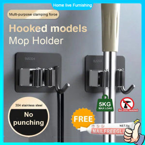 Stainless Steel Broom Holder Wall Mounted Mop Holder Mop Clip Rack  Broom Hanger Rack Non-Marking Stickers Mop Hook