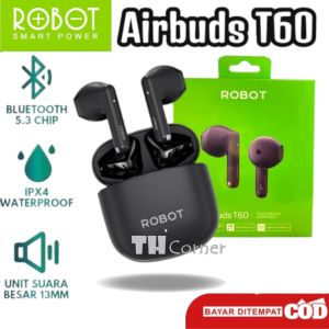 TWS ROBOT Airbuds T60 Wireless Earphone Airbuds Original Headset Bluetooth 5.3 Playtime 36jam IPX4 - HITAM