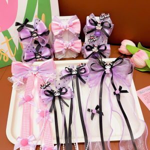 2Pcs Sanrio Kawaii Kuromi Hair Clip Melody Cinnamon Bow Hair Tie for Kids Double Ponytail Hairpin Hair Tie Hair Accessories Student Gift