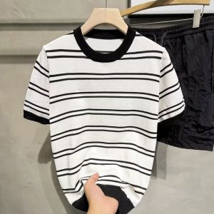 Summer Short Sleeve Black and White Striped Mens Crew Neck Knit Shirt Korean Style Fresh Slim Fit Casual Versatile Stretch Ice Silk t T-shirt