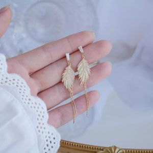 Yukis Exquisite Design Gold Leaf Tassel Stud Earring for Women 14k Real Gold Micro Pave Zircon Earring Bohemia Jewelry Accessories