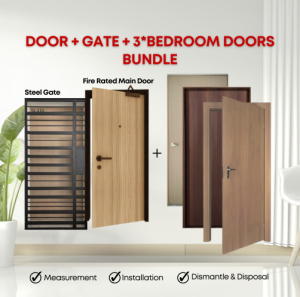 [Gate & Door Bundle]  Fire Rated Main Door + Mild Steel Gate + 3 x Bedroom Doors Bundle| Best Singapore Door | Door Installation | Customize Door