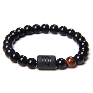 【Local shipping】 12 Constellation Zodiac Signs Beads Couple Bracelet Natural Black Onyx Stone Elastic Charm Bracelet for Women Men