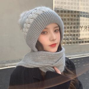 Women Winter Hood Beanies Thick Woolen Knitted Hat Scarf Fur Pompom Crochet Bonnet Outdoor Ski Women Skullies Cap Warm Headgear