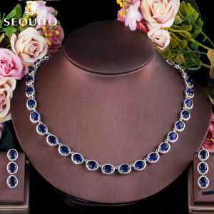 SEQUITO Vintage Oval Cubic Zirconia Stone Charm Necklace Earrings for Evening Party Charming Jewelry Set Costume Accessories SJ139