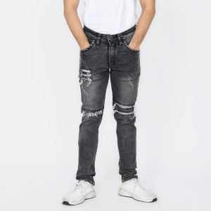Celana Jeans Panjang Denim Stretch Sobek Lutut Ripped Slimfit - Sandwash Snow Black