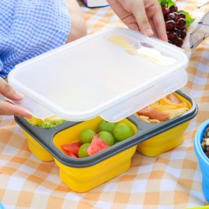 ROBERTA 1350ml Microwaveable Silicone Lunch Box Large Capacity Rectangular 3 Grids Food Storage Container Practical with Lid Foldable Lunch Box with Spork for Kitchen