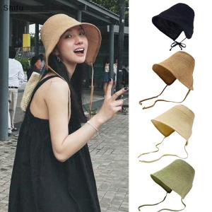 [ShiFu] Linen Straw Regency Bonnets Hats For Women Sun Hats Bow Beach Cap Big Wide Brim Cloche Hat Chapeau Femme Lace Up Outdoor Summer