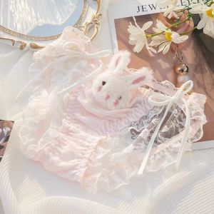 Hollow Out Rabbit Panties Underpants Low Waist Lace Up Briefs Women Lingeries Cotton Crotch Mesh Ruffle Panties Lady