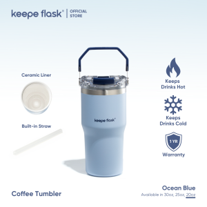 [p49 Name Engraving] NEW Keepe Flask Ocean Blue Premium CERAMIC LINER Coffee Tumbler Stainless Steel Vacuum Dual-Mouths Hot and Cold Tumbler Built-in Straw Insulated Coffee Mug with Stylish Metal Handle