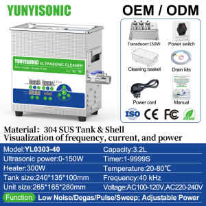 YUNYISONIC Ultrasonic Cleaner 40kHz for Medical & Dental Labs - Quiet Mode Sweep Function Adjustable Power 1-Year Warranty