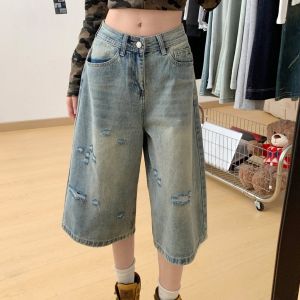 Muuv-It American Style Vintage Women Shorts Jean High Waisted Washed Wide Leg Denim Pants Woman Fashion Shorts