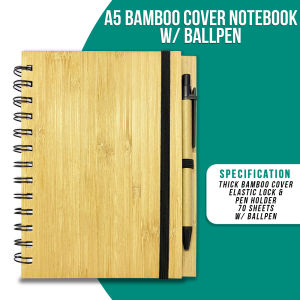 PrintYourStyle A5 Bamboo Notebook Eco-Friendly Plain with Black Pen and Black Garter School & Office Supplies