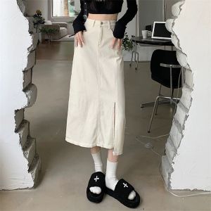 Rok jeans skirt rok belah samping jeans/rok span skirt 7 8 rok korean style denim/High Waist Slit A-line Skirt Midi