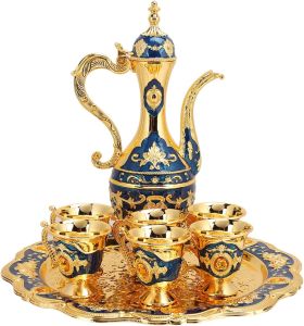 Vintage Turkish Tea Set Turkish Coffee Pot Set Tea Sets for Women with Teapot Tray and 6 Cups Volume 30ml Cup Height 2.55inch Teapot Craft Decorations for Living Room Dining Table(Blue)