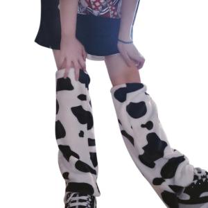 Japanese Style Women Girls Winter Plush Leg Warmers Harajuku Black White Cow Leopard Print Long Socks Gothic Foot Covers Sleeves Streetwear