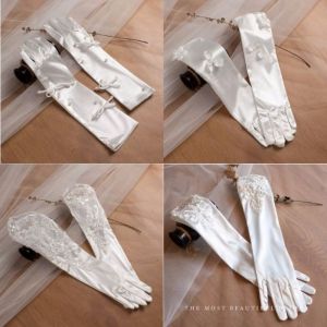 MIRELINA Eblow Length Bride Gloves Wedding Party White Lace Long Finger Gloves Elegant Lace Satin Wedding Gloves