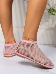 [Free Shipping] Spring And Summer New Large-Size WomenS Flat Sandals With Rhinestones Fashionable Fishnet Solid Color WomenS Shoes