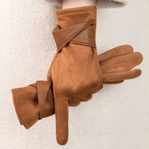 NOVELLEO Vải nhung Găng tay da lộn mùa đông Dày Mềm mại Găng tay da PU Quà tặng Màn hình cảm ứng Găng tay đạp xe cho phụ nữ Các cô gái