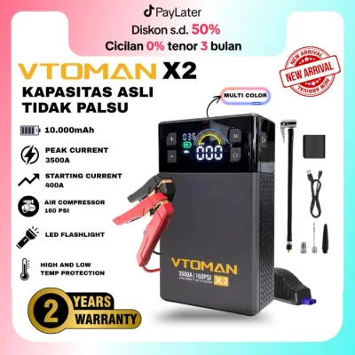 VTOMAN X2 Jumper Aki Mobil & Motor 12V 10000mAh Portable Powerbank dengan Pompa Angin & Lampu