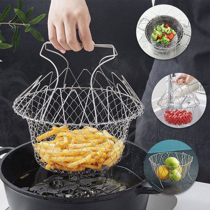 Deep Fry Foldable Steam Frying Basket Mesh Basket Strainer Net Kitchen Stainless Steel Cooking Tool Fried Filter Drainage Rack for Fried Food and Fruits Multifunctional Magic Basket Frying tool Foldab...