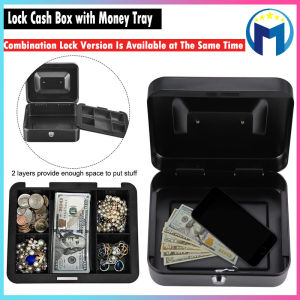 Steel Cash Box Safe with Key Lock/Combination LockMoney Safe Box with Removable Coin Tray 2 Layers Cash Drawer