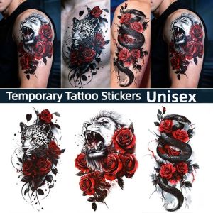 JPTD Leopard Lion Snake Flower Temporary Tattoo Stickers Green Leaf Waterproof Floral Fake Tattoos Removable Long Lasting Lion Snake Tattoo Stickers Leg/ Arm/ Hand/Foot