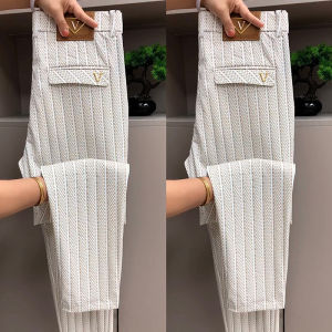 Summer new mens high-end plush casual pants with striped color blocking business versatile straight leg pants boutique small leg pants