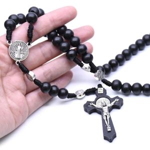 JACOOEQU Wood Handmade Rosary Necklace Car Ornament Religious Wood Beads Necklace Prayer Pendant Necklace Catholic Crucifix Pendant Chain Women