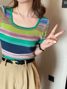 เสื้อยืดไหมพรมลายทางแขนสั้นคอกว้างผู้หญิง 🌈 STBK307 🌈 เผยความเซ็กซี่ Free size แบบสวมหัวแฟชั่นวินเทจ Y2K สุดๆ สินค้ายอดฮิตสำหรับวัยรุ่น