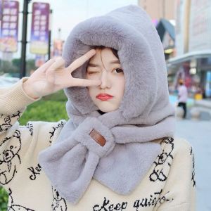 DANDARU Windproof Integrated Cap Scarf Thickening Plush Ear Protection Cap Winter Soft Scarf Set Hooded for Women
