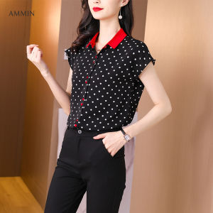 AMMIN Polka Dot พิมพ์เสื้อเชิ้ตผ้าไหมแขนสั้นผู้หญิง2021ฤดูร้อนสไตล์ใหม่ตีสีหลวมสบายๆบุคลิกภาพการออกแบบปุ่มเสื้อสเวตเตอร์ถัก Top