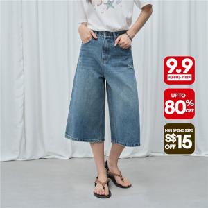Giordano Women Washed denim wide leg cropped jeans Free Shipping 18426605