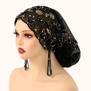 NBANLIKE Thêu hoa Mũ turban Hạt cườm lấp lánh Tua rua dài Mũ đuôi cá Đồ đội đầu dân tộc Dây thun Mũ trang trí hạt cườm Trang phục hàng ngày