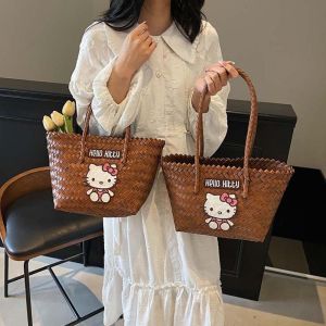 PERCEPT Dung tích lớn Túi đeo vai mèo KT Đầy màu sắc Nhẹ Túi xách thêu hình mèo Túi lưu trữ Cung Giỏ đan bằng dây leo hoạt hình Phụ nữ