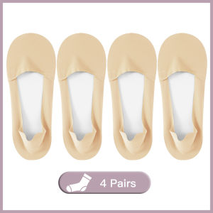 4 Pairs/Set Summer Foot Socks for Woman Cotton Sole Ice Silk Candy Color Socks Set Invisible Anti-Slip White Socks