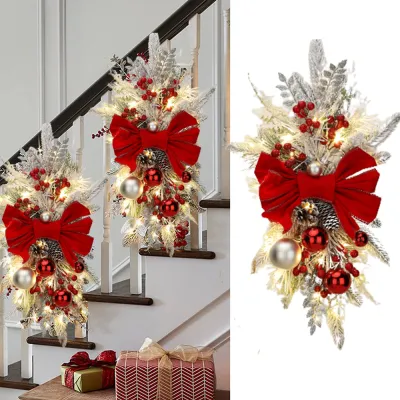 Cordless Prelit Christmas Swag Teardrop Swag Wreath Stair Swag Door Swag GarlandsNew Year Christmas Swag Wreaths For Front Door Holiday Wall Window Hanging Ornaments For Indoor Outdoor Home New Year Decor