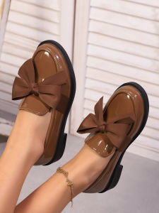 Bowknot Chunky Heel Loafers For Women 2025 Autumn Casual Slip-On Leather Shoes