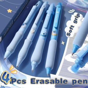 4Pcs Erasable Gel Pen Erasable Ballpen Set Cartoon 0.5mm Black/Blue Ink Soft Grip Quick Drying Smooth Sign Pen for Office School Students Supplies