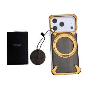 OATSBASF Metal Phone Case Wood Panel Bumper Phone Shell with 360° Stand for IPhone 17 Pro Max/17 Pro/17 Air