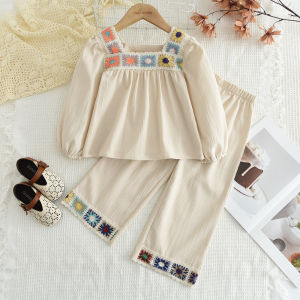 เสื้อผ้าเด็กผู้หญิงลายหมีผ้าถักปักลายดอกไม้ชุด2ชิ้นเสื้อและกางเกงแขนยาวชุดลำลองลูกไม้ฤดูใบไม้ร่วง