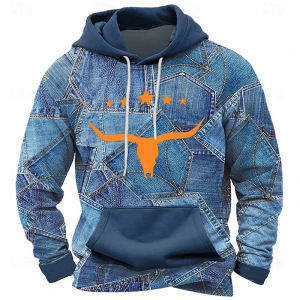 2024Blue Patchwork Print Hoodie Hip Hop Street Men Clothes Oversized Hooded Coat Personality Fashion Trend Y2k Harajuku New Hoodies