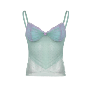 เสื้อครอปผ้าตาข่าย สายเดี่ยว สีพาสเทล ปั๊มนูนลายจุด ช่วงอกเป็นสีฟ้าแต่งผ้าลูกไม้สีม่วง แมทซ์ได้หลายลุค ชุดไปทะเล #2432