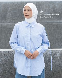 KEMEJA BLUE POCKET PATCH SHIRT BY DEENAY BAHAN COTTON baju atasan wanita panjang muslim polos simpel
