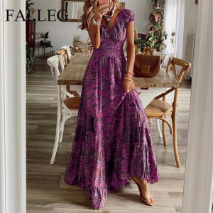 FALLEG Boho Long Dress Vintage Floral Print Chiffon Three Quarter Sleeve V-neck Summer Gypsy Hippie Women Dresses Vestidos