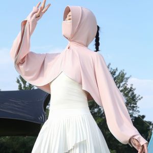 NUOR Màu đơn sắc Áo hoodie chống nắng 3 trong 1 Áo tay dài Lụa băng Quần áo chống nắng Thoáng khí Mỏng Khẩu trang mũ kem chống nắng khăn choàng Mùa hè